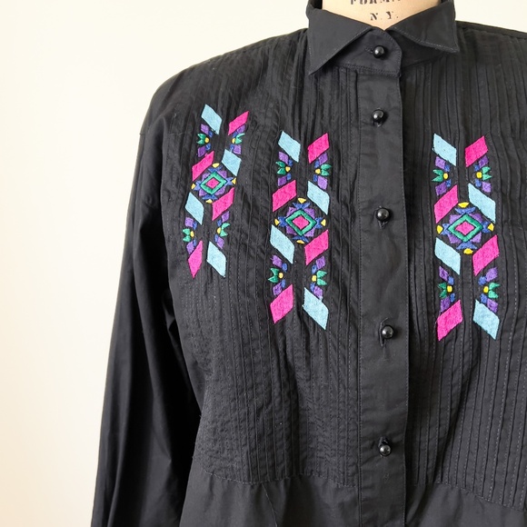 Vintage Black Cotton Embroidered Western Shirt Size Medium Rodeo Cowgirl - Picture 5 of 12